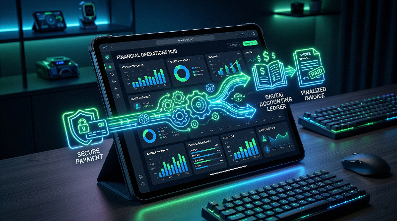 A visual representation of automated invoicing and financial workflows connecting payment gateways to accounting APIs.