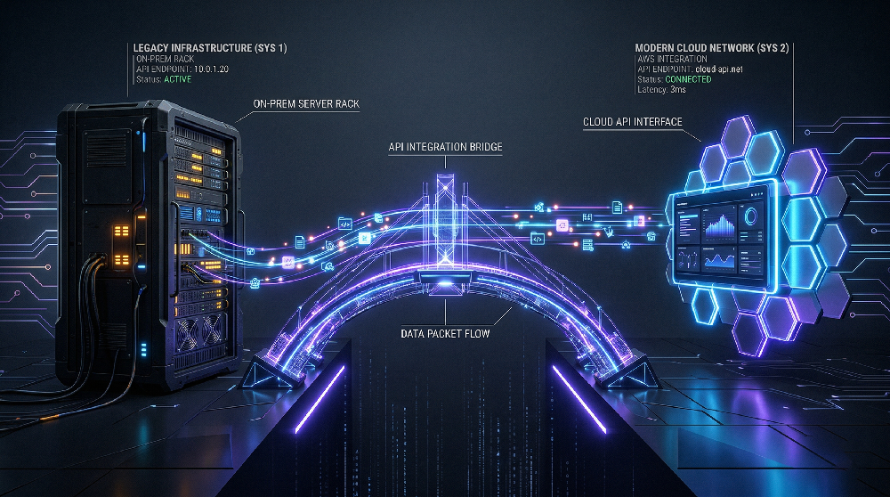 Digital bridge illustrating legacy system API integration and custom cloud webhooks.