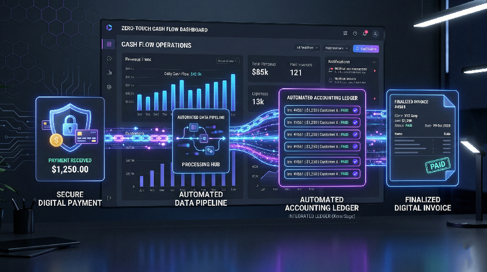 Automated financial dashboard showing zero-touch invoicing and accounting API integration.
