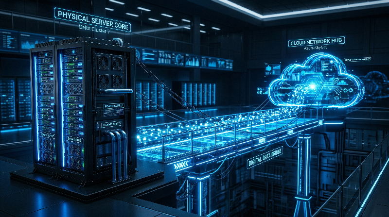 A visualization of using custom APIs and webhooks to connect legacy on-premise databases with modern cloud applications.